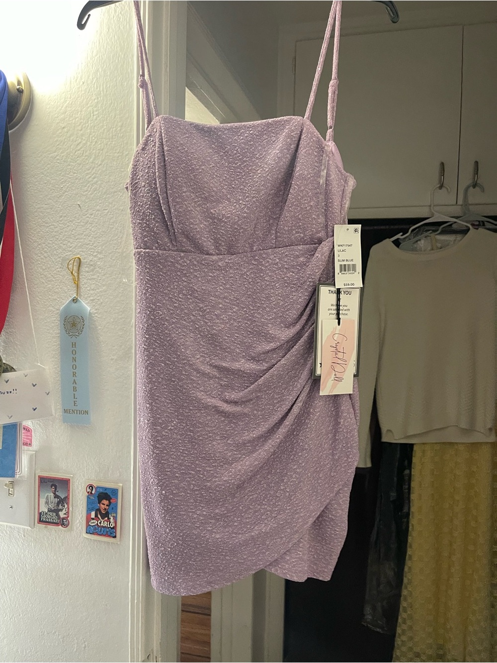 Crystal Doll Lavender Sparkle Draped Mini Dress